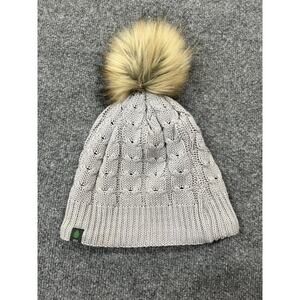 Stio Brooks Beanie Cable Knit Hat Fleece Lined Thermal Faux Fur Bobble Gray